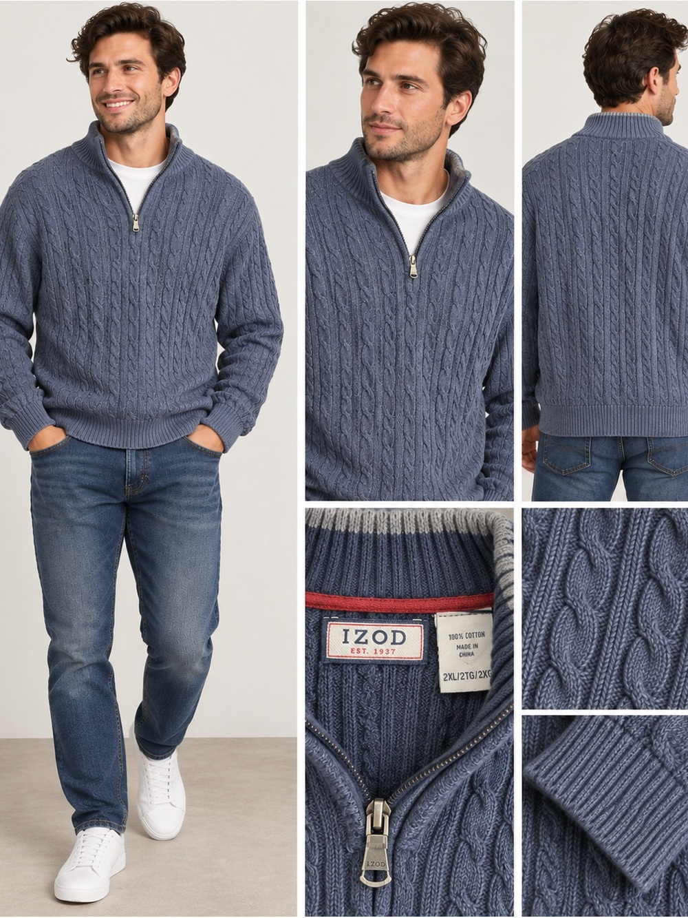 IZOD Men’s Blue Cable Knit Quarter Zip Sweater 2XL 100% Cotton